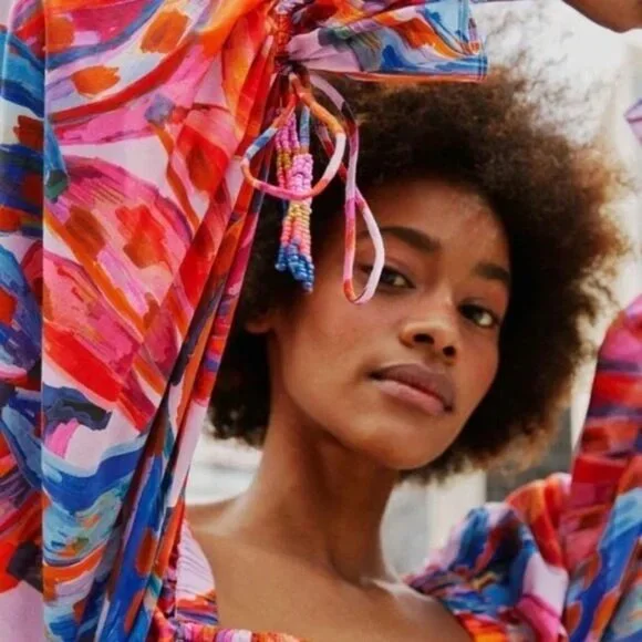 FARM Rio Maxi Dress L Coloured Bananas Puff Sleeves Smocked Tropical - Picture 3 of 15